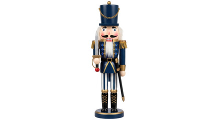 Isolated traditional wooden nutcracker figurine, standing tall and decorated with fine details