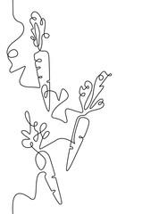 Carrots. Continuous line drawing style. Vertical Seamless pattern with fresh vegetables isolated on a white background. Vector illustration.	