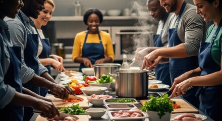 Diverse group of smiling people in a culinary class, actively chopping vegetables and cooking in a modern kitchen
