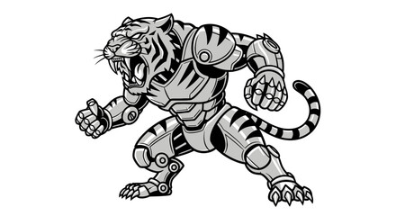 A fierce robotic tiger with sharp teeth, a mechanical body, and a striped pattern.