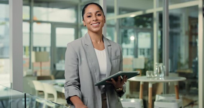 Face, business and happy woman in office with tablet for administration, human resources and support. Smile, HR consultant and female person in workplace with tech, customer service and about us.