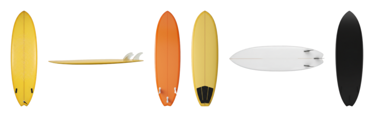 Surfboard set including longboard, shortboard, and fish board shapes in yellow, orange, white, and black isolated. Water sports equipment collection.