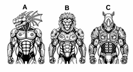 Three animal-humanoid figures: a dragon, a lion, and a rhinoceros, all wearing futuristic armor.