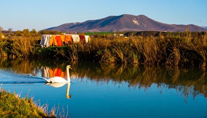 A lone white bird gracefully swims across a tranquil river with reflections. Clothes hang on a line in the distance, with a mountain visible