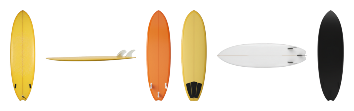 Surfboard set including longboard, shortboard, and fish board shapes in yellow, orange, white, and black isolated. Water sports equipment collection.