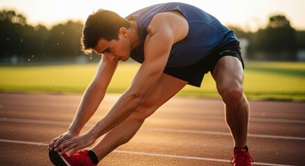 Athlete Stretching Before Run, Golden Hour Backlit, Athletic Track, Fitness.