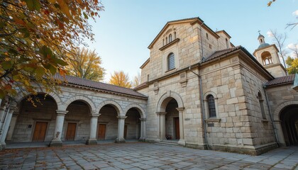 Exterior view of a stone building with arches and a courtyard on a sunny autumn day in europe