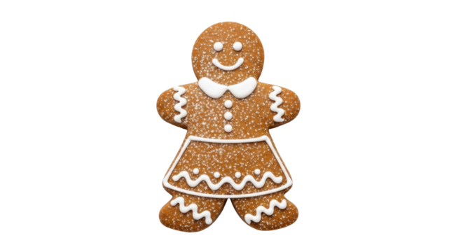 Isolated gingerbread girl cookie with icing details, a Christmas treat for the holidays