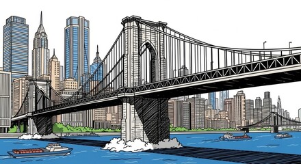 Brooklyn Bridge and Manhattan Skyline: A Vibrant Hand-Drawn Illustration
