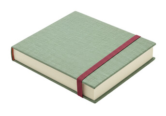 Isolated light green linen notebook secured with dark red elastic band, flat lay view