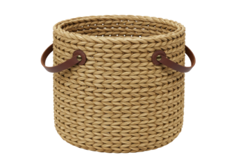 Isolated woven wicker wastepaper basket with leather handles, natural materials decor item