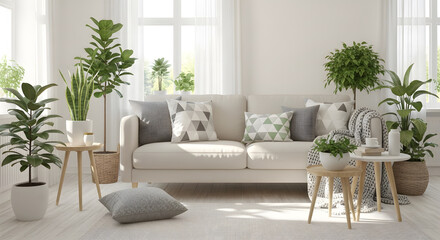 Bright and Modern Living Room Interior with Abundant Green Houseplants and Natural Light, Creating a Serene and Inviting Domestic Space for Relaxation and Contemporary Lifestyle
