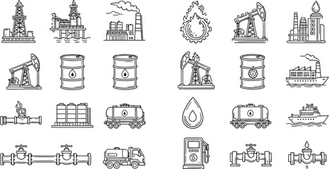 Fuel industry line icons showcasing oil rigs, tankers, and factories for your next energy project