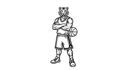 Tiger mascot stands with arms crossed, holding a basketball.