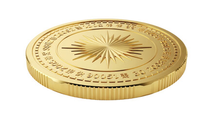 Isolated closeup of a gold coin with a radial pattern and engraved text for collectible use