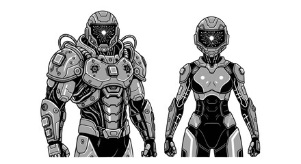 Two detailed, futuristic robot figures, one male and one female, depicted in a grayscale illustration.