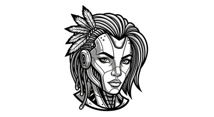 Illustration of a futuristic cyborg woman with feathers, showcasing a blend of organic and mechanical elements.