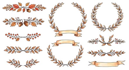 Watercolor Autumnal Elements - Wreaths, Dividers, and Ribbons for Design.