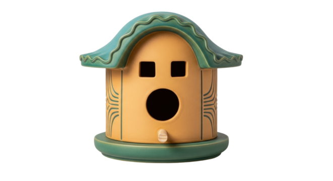 Isolated whimsical handmade birdhouse is cute, welcoming, and decorative for yard decoration