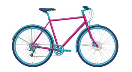 Isolated city bike, vivid pink frame and teal accents, for commuting or recreational use
