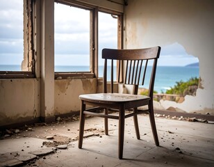 A lone wooden chair stands inside a dilapidated building with missing walls and a sea view. The interior shows age and decay