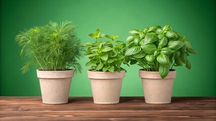 Fototapeta premium Three potted herbs, dill, mint, and basil, sit in a row on a wooden table against a green background in a studio shot