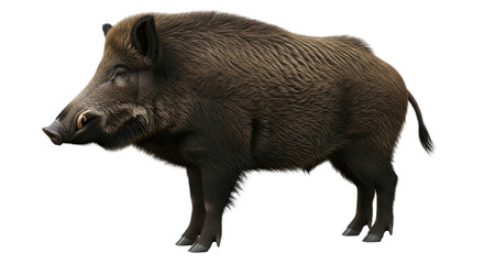 Isolated wild boar, side view of an adult with tusks, forest animal, wildlife photo