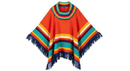 Isolated knitted poncho sweater with stripes and tassels, festive Mexican boho fashion