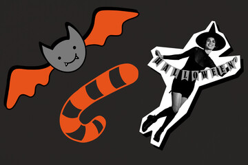 Art sketch 3d image vertical collage of happy witch girl hold garland stand bat halloween decoration trick or treat candy autumn