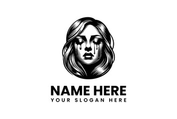 Powerful black and white vector illustration of a crying woman's face with flowing tears. An emotional and sorrowful graphic design perfect for branding, logos, and expressive projects