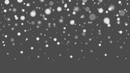 Abstract transparent snowfall overlay, winter background design. Falling snow, particles bokeh, light effect.