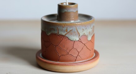 A handmade ceramic candle holder with a crackled terracotta base and a glossy, dripping glaze on a matching saucer.