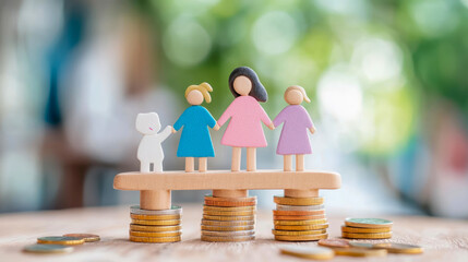 Conceptual image of diverse wooden peg dolls, including child and adults, standing together on wooden beam supported by varying stacks of gold and silver coins, illustrating themes of family finances,