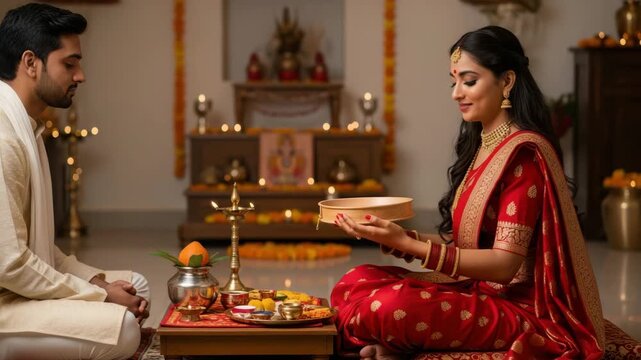 Couple celebrating karva chauth festival at home video, ai generated