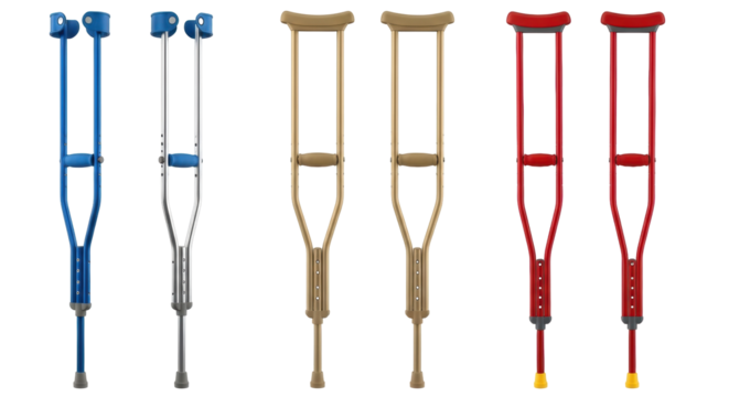 Isolated colorful aluminum underarm crutches against disability and injury with mobility help