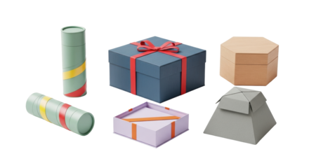 Isolated colorful boxes of various shapes and sizes for gifts or products presentation