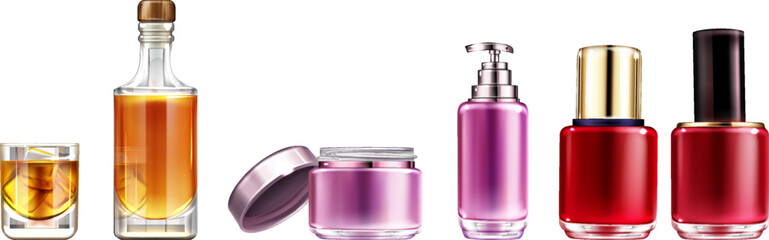 A realistic collection of alcoholic beverages and cosmetic products including whiskey, cream, and nail polish, isolated on a white background.