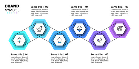 Infographic template. 6 connected hexagons with icons and text