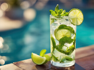 Refreshing mojito cocktail enjoying poolside sunlight