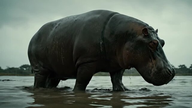 Hippopotamus wading through murky water under a cloudy sky
