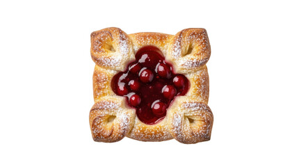 Isolated cherry danish pastry, dusted with sugar, a sweet and flaky breakfast or snack item