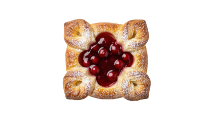 Isolated cherry danish pastry, dusted with sugar, a sweet and flaky breakfast or snack item