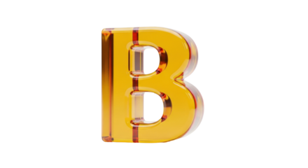 Isolated golden letter B with glossy reflections, transparent casing on a white backdrop