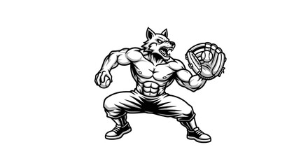 A muscular wolf-like character in a baseball catcher's stance, wearing a glove and ready to catch a ball.