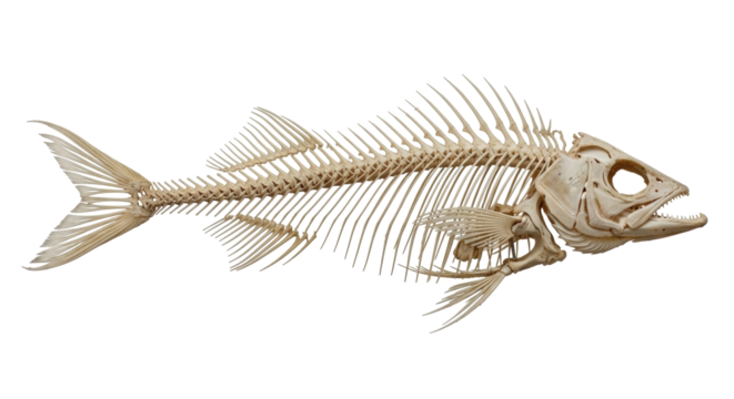 Isolated Fish Skeleton close-up showing bone structure details and intricate anatomical form