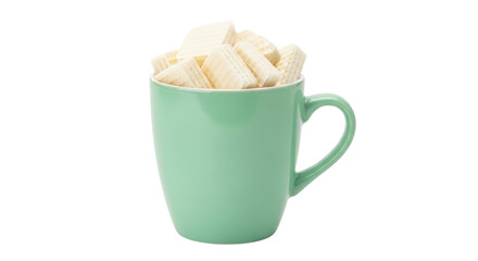 Isolated wafers in a pastel mint-green mug, a delicious breakfast treat for anyone to enjoy