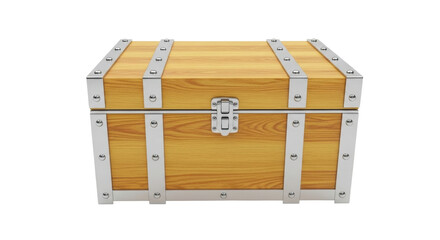 Isolated wooden treasure chest with metal accents, offering rustic storage and vintage charm