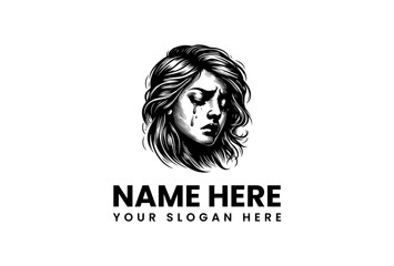 Monochrome vector illustration of a crying woman's face with a single tear, representing sadness and grief. A vintage hand-drawn emblem for a logo