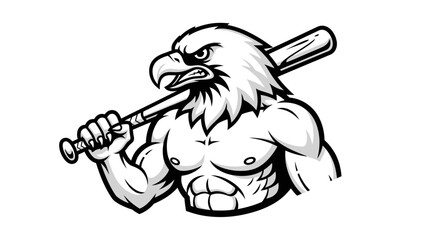 Naklejka premium Illustration of a muscular eagle holding a baseball bat over its shoulder, depicted in black and white.
