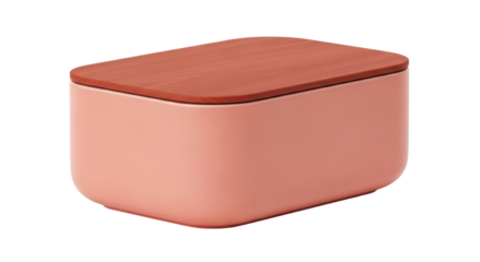 Isolated stylish coral box with wooden lid is a modern container for organization or storage